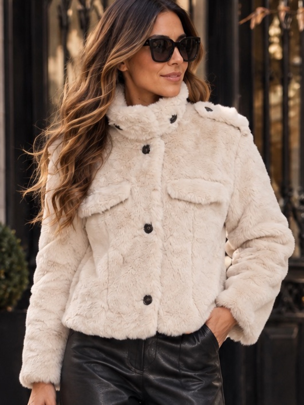 ShopEvelynne Cream Faux Fur Button-Front Teddy Jacket